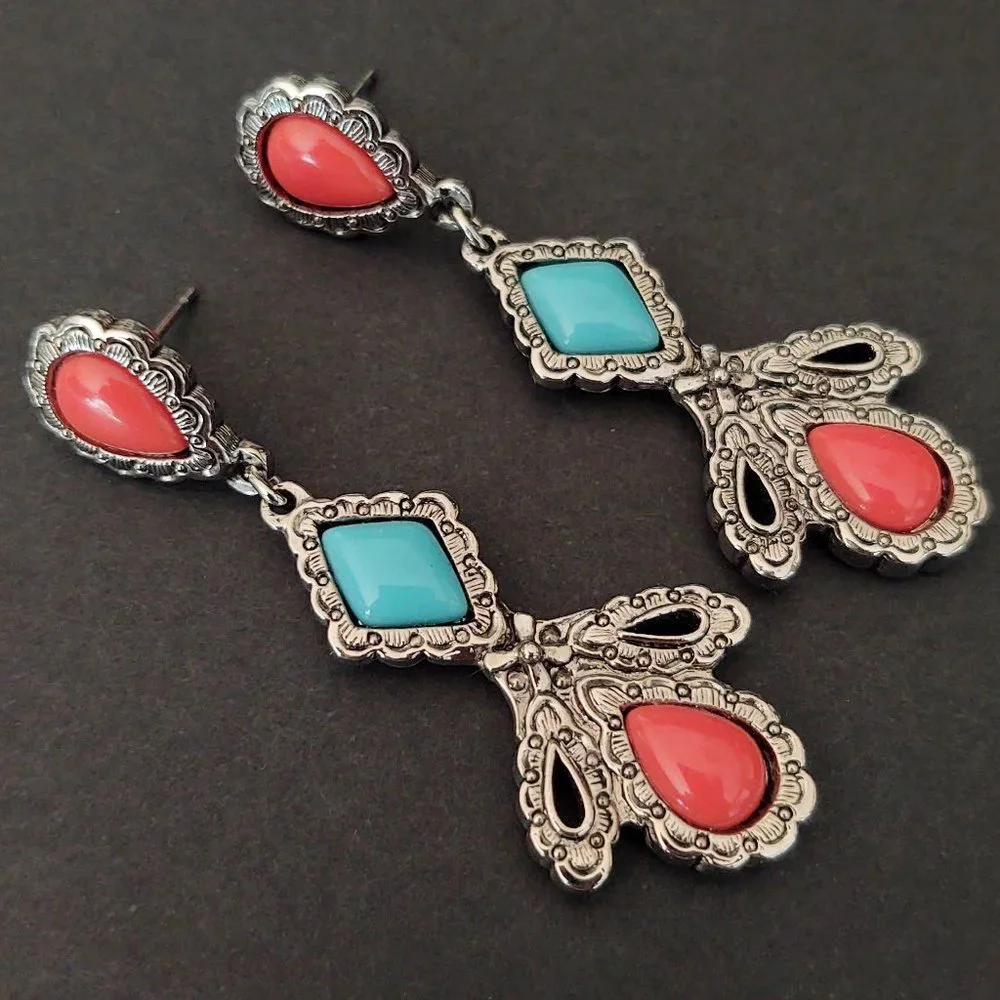 Coral and turquoise beaded earrings with silver base
